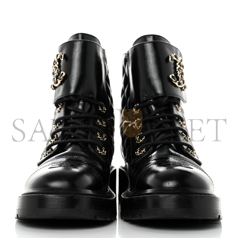 Ch*el shiny calfskin quilted lace up combat boots